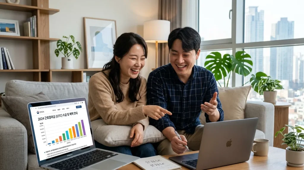 현대적인 거실에서 한국인 부부가 밝은 표정으로 노트북을 보며 정부 지원금 혜택을 상의하는 모습, 화면에는 근로장려금 그래프가 보임