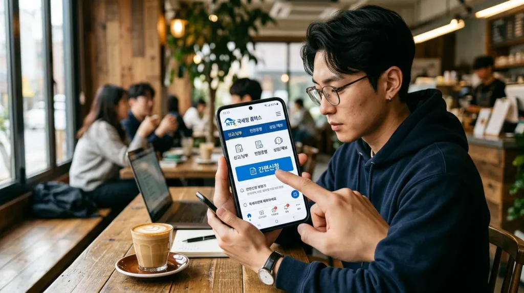 한국인 청년이 카페에서 스마트폰으로 국세청 홈택스 앱을 실행하여 간편 신청 버튼을 누르는 클로즈업 장면