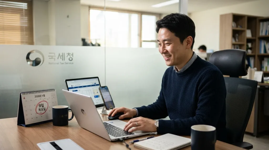2026년 4월 9일 달력이 표시된 책상 위에서 한 한국인 남성이 노트북과 스마트폰을 보며 미소 짓고 있는 모습, 뒤에는 국세청 로고가 희미하게 보임