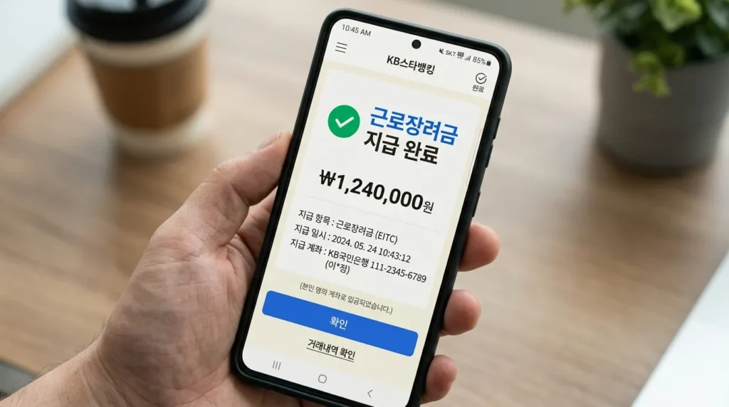 스마트폰 화면에 '근로장려금 지급 완료'라는 한글 문구와 금액이 표시된 모바일 뱅킹 앱 화면을 가까이서 촬영한 이미지