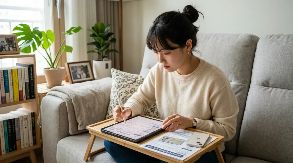 한국인 여성이 거실 소파에 앉아 태블릿 PC를 사용하여 근로장려금 신청 서류를 꼼꼼히 작성하고 있는 고해상도 사진