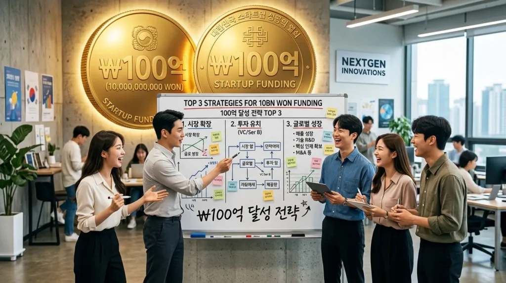 최대 100억 창업지원금, BEST 3 공략법 - 한국인 창업팀이 화이트보드 앞에서 복잡한 전략 지도를 보며 열정적으로 토론하고, 그들의 뒤로 '100억'이라는 숫자가 새겨진 거대한 금색 동전이 빛나고 있다. 역동적이고 희망찬 분위기.