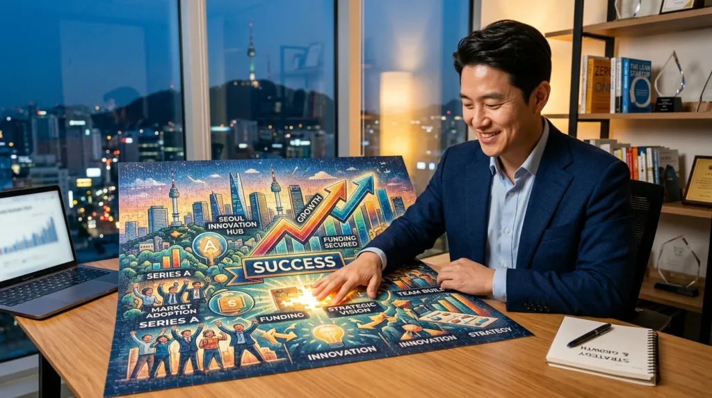 성공적인 창업지원금 확보를 위한 추가 전략 - 여러 개의 퍼즐 조각들이 완벽하게 맞춰져 커다란 성공의 그림을 완성하는 모습. 한 한국인 사업가가 그 퍼즐을 보며 만족스럽게 미소 짓고 있다. 전략적 사고와 성공을 상징.