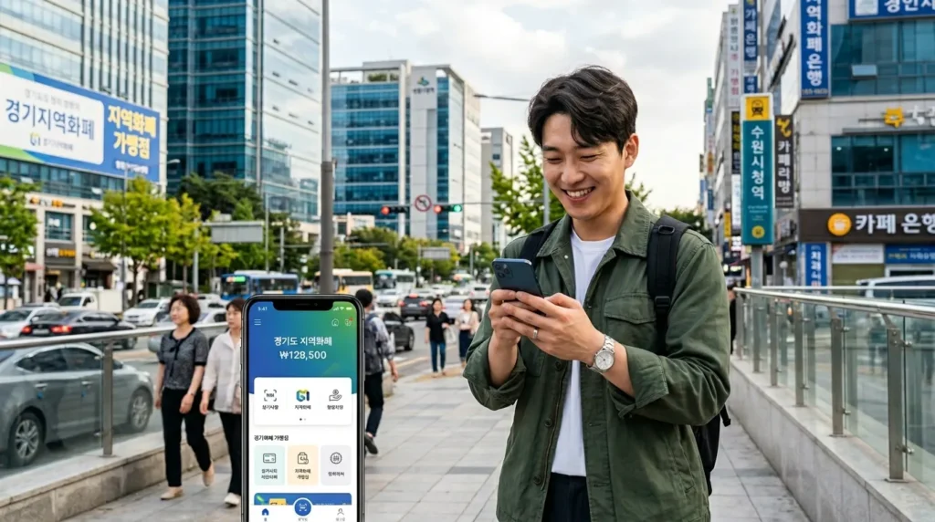 한국인 청년이 밝은 표정으로 스마트폰의 지역화폐 앱을 확인하며 웃고 있는 모습, 배경에는 경기도의 현대적인 도시 풍경이 보임