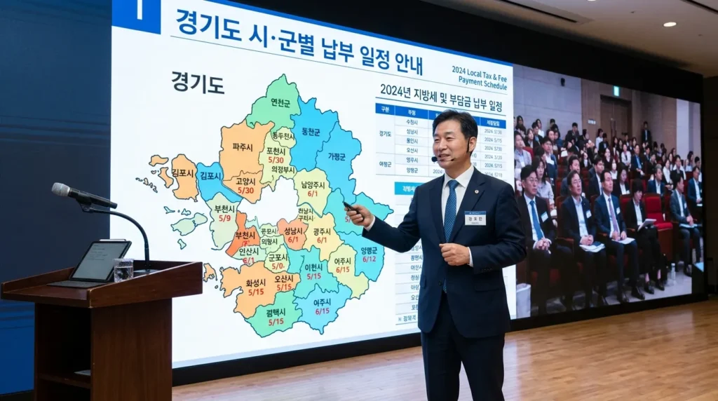 경기도 지도가 그려진 대형 스크린 앞에 선 한국인 행정 전문가가 각 시군별 지급 일정을 프리젠테이션하는 모습