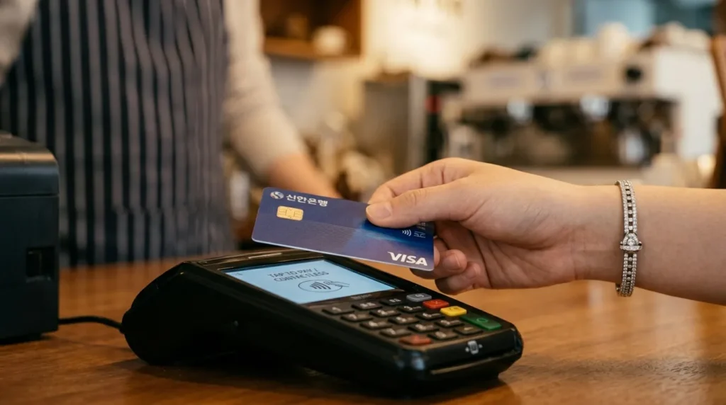 세련된 한국 카페 내부에서 청년이 지역화폐 카드로 결제하는 클로즈업 샷, 따뜻하고 일상적인 분위기