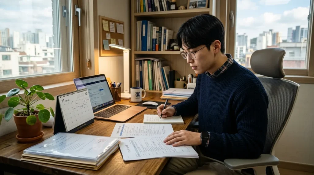 한국인 청년이 책상 앞에서 달력을 보며 다음 분기 신청 일정을 체크하고 서류를 준비하는 성실한 모습