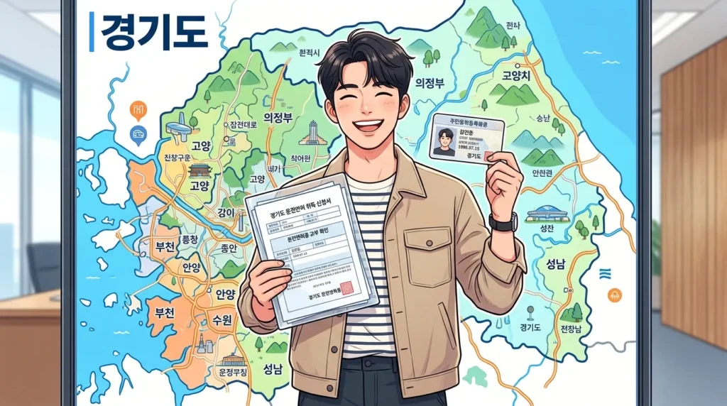 경기도 지도를 배경으로 24세 청년이 신분증과 서류를 들고 환하게 웃고 있는 모습, 현대적이고 깔끔한 일러스트 스타일