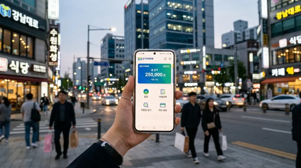 스마트폰 화면에 경기지역화폐 앱이 실행되어 있고 25만 원의 잔액이 표시된 모습, 세련된 한국적 도시 배경