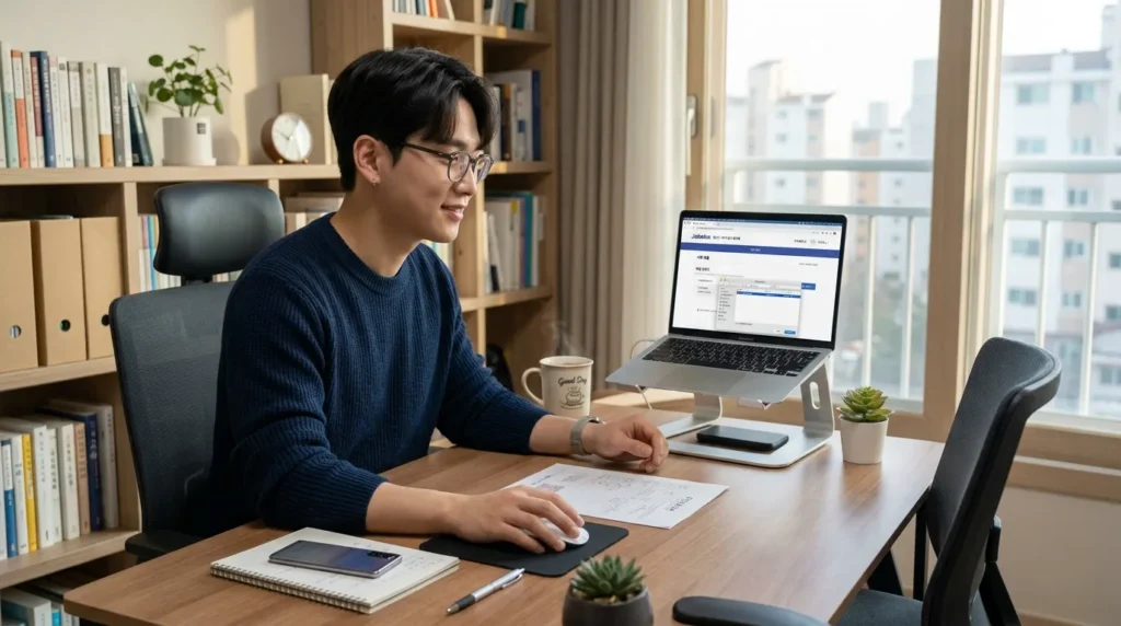 젊은 한국인 남성이 노트북으로 '잡아바' 웹사이트에 접속하여 주민등록초본을 업로드하는 정갈한 모습
