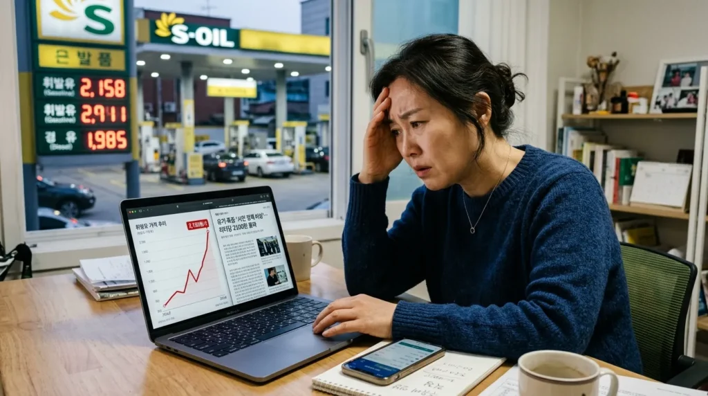 한국인 여성이 높은 유가 그래프와 기름값 인상에 대한 뉴스 기사를 보며 걱정스러운 표정을 짓고 있는 모습. 배경에는 주유소와 유가가 표시된 간판이 흐릿하게 보인다.