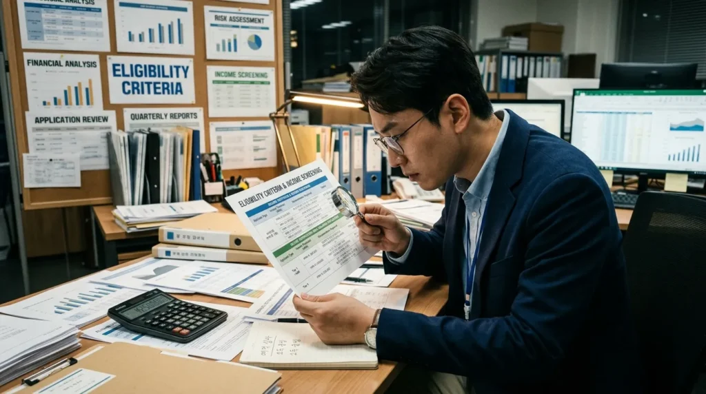 서류와 그래프, 계산기 앞에서 돋보기를 들고 복잡한 기준표를 꼼꼼히 확인하는 한국인 남성의 모습. 배경에는 '자격 기준', '소득 심사' 등의 키워드가 보인다.
