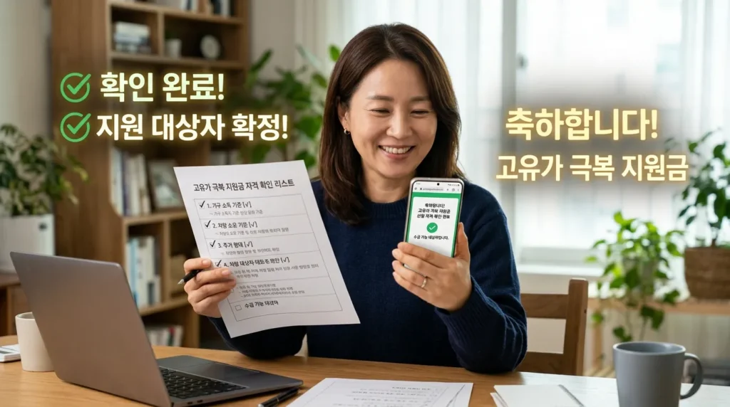 한국인 여성이 체크리스트와 스마트폰을 들고 고유가 피해지원금 자격 조건을 하나씩 확인하며 웃는 모습. 배경에는 '확인 완료', '지원금 가능' 등의 긍정적인 메시지가 오버레이 되어 있다.