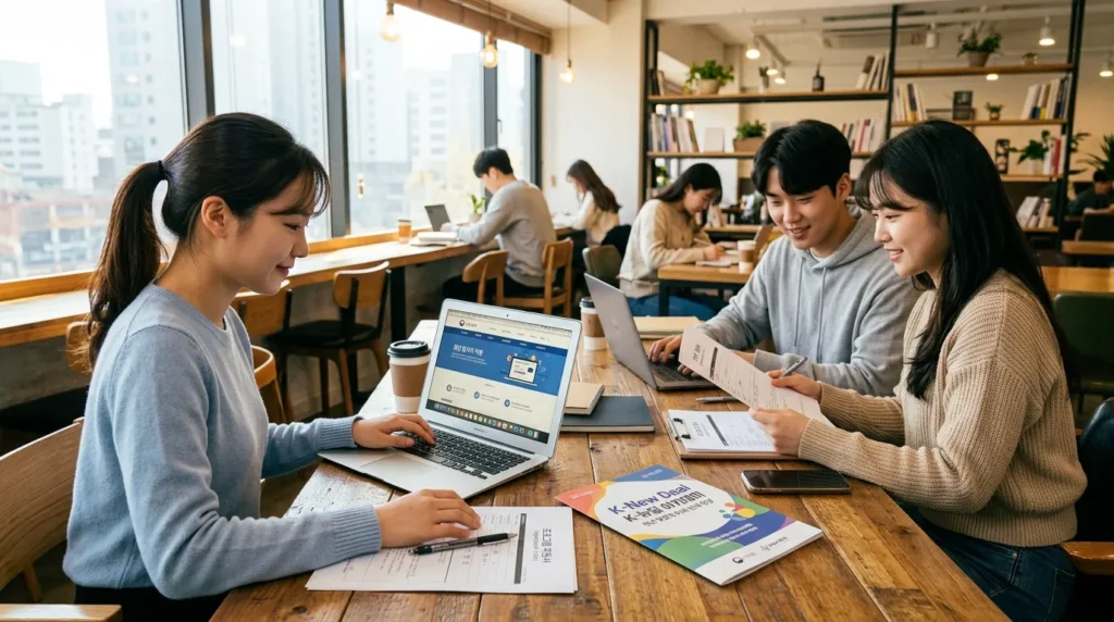밝고 희망찬 분위기 속에서 한국인 청년들이 고용노동부 로고가 보이는 웹사이트를 노트북으로 살펴보며 프로그램 신청 서류를 준비하는 모습. 옆에는 'K-뉴딜 아카데미' 브로슈어가 놓여 있다.