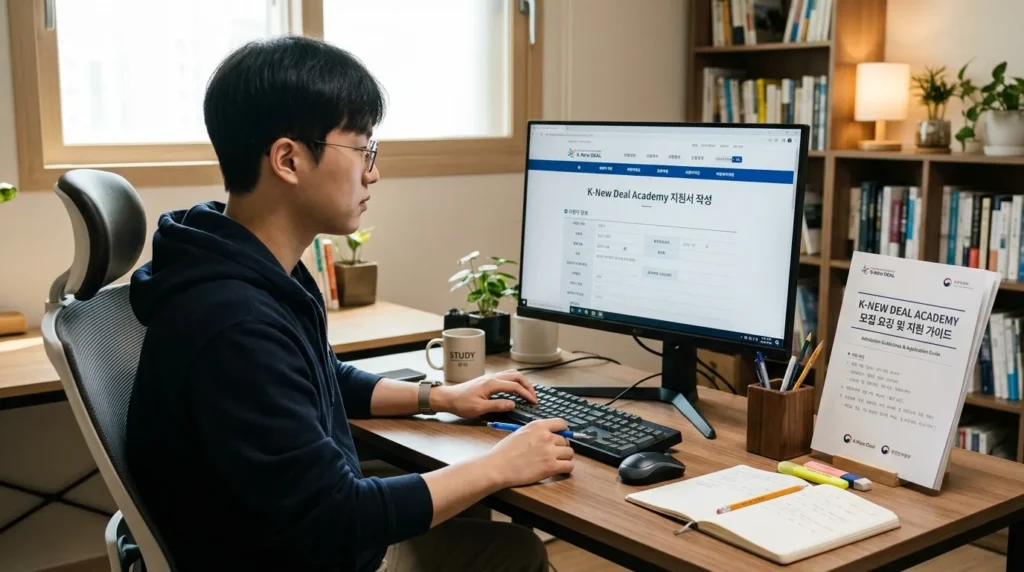 한국인 청년이 컴퓨터 앞에서 K-뉴딜 아카데미 웹사이트를 열어두고 신청 양식을 꼼꼼히 작성하는 모습. 옆에는 신청 가이드북과 필기도구가 정갈하게 놓여 있다.