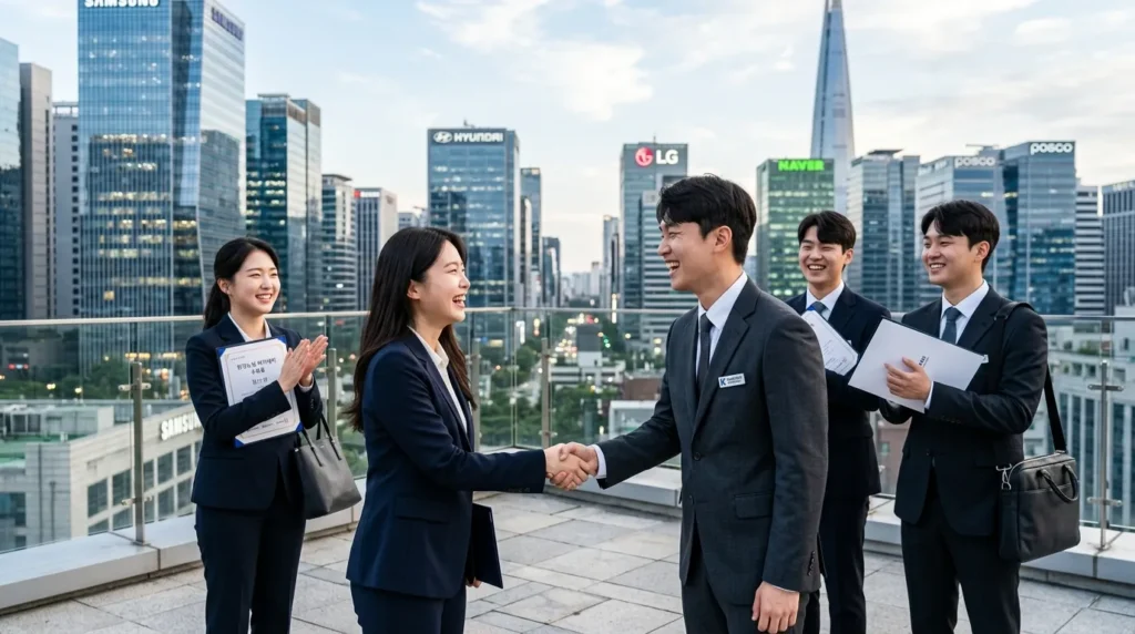 K-뉴딜 아카데미를 수료한 한국인 청년들이 정장 차림으로 대기업 면접을 성공적으로 마친 후 환하게 웃으며 악수하는 모습. 배경에는 빌딩 숲과 기업 로고가 흐릿하게 보인다.