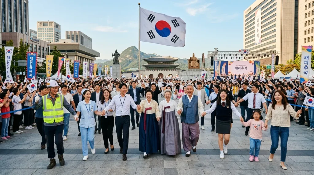 한국의 광장 한가운데서 노동자와 시민들이 손을 잡고 행복하게 웃으며 휴일을 기념하는 모습. 배경에는 대한민국의 국기가 휘날리고 있고, 따뜻한 햇살이 비친다.