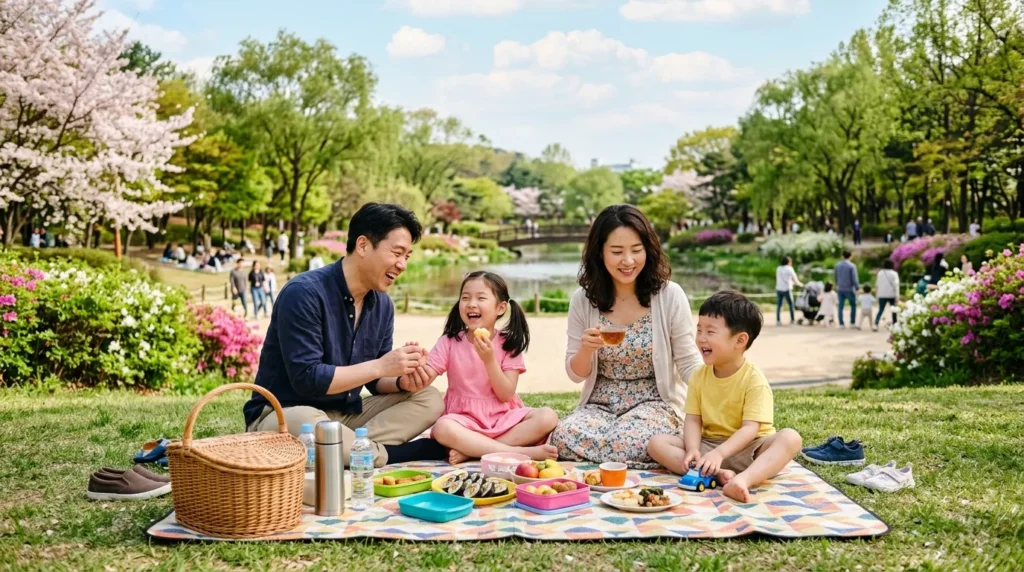 평화로운 5월의 어느 공휴일, 한 한국인 가족이 공원에서 피크닉을 즐기며 행복한 시간을 보내는 모습. 아이들은 웃고 있고, 부모는 편안하게 휴식을 취한다.