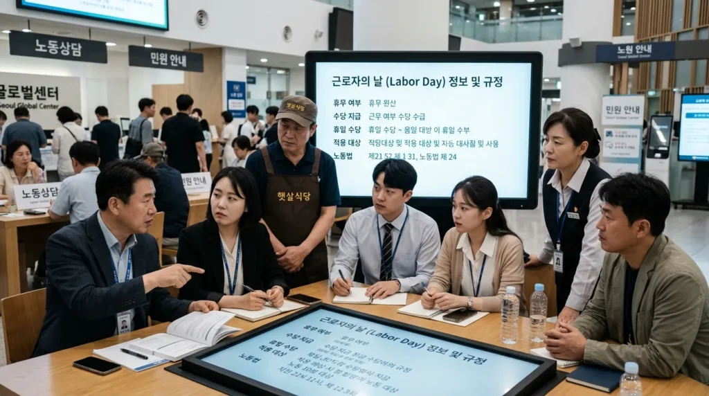 여러 직업의 한국인들이 모여 노동절 공휴일에 대한 정보를 함께 확인하는 모습. 공무원, 회사원, 자영업자 등 다양한 직종의 사람들이 화면을 보며 진지하게 대화한다.