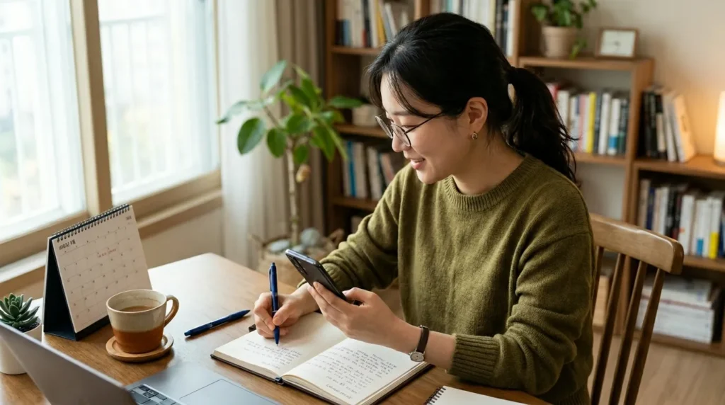 책상에 앉아 스마트폰으로 2026년 5월 1일 노동절 공휴일법에 대한 정보를 검색하고, 다이어리에 중요한 내용을 기록하는 한국인 여성의 모습. 옆에는 커피 한 잔과 달력이 놓여 있다.