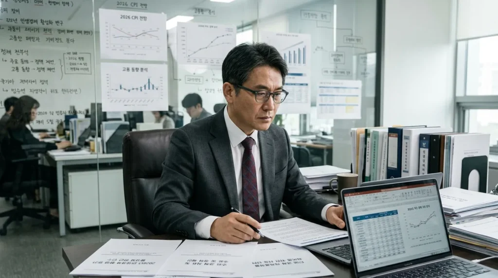 한국인 전문가가 노트북 앞에서 2026년 경제 지표와 정책 문서를 분석하며 심각한 표정으로 민생경제 회복 방안을 고민하는 모습. 뒤편으로는 복잡한 그래프와 통계 자료가 보이는 사무실 풍경.