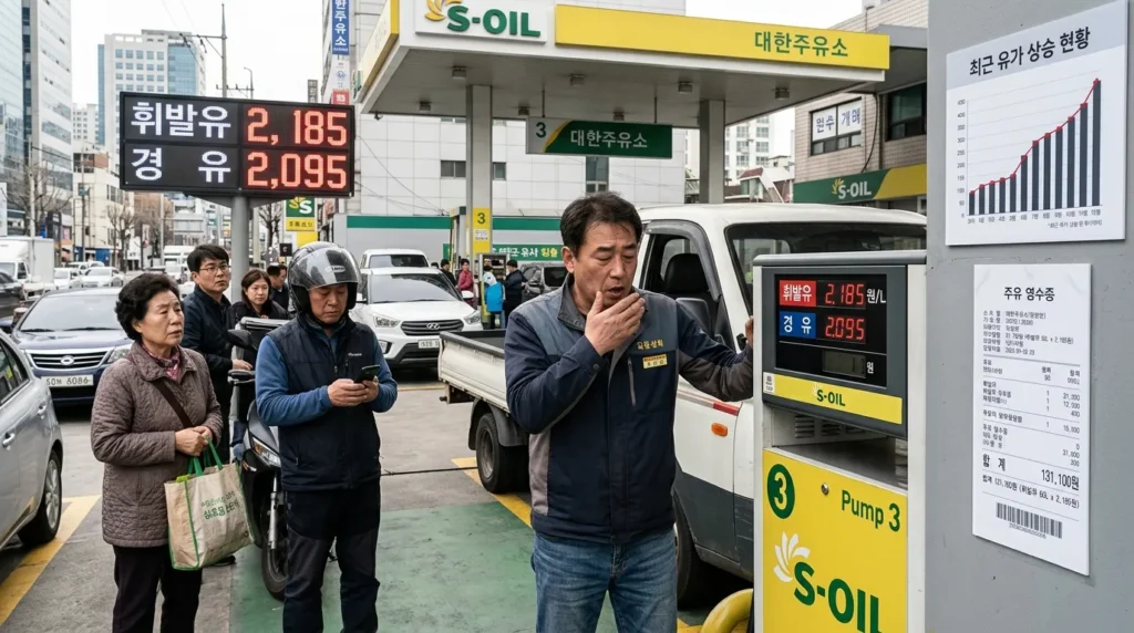 주유소에서 기름값이 계속 오르는 것을 보며 한숨을 쉬는 한국인 소상공인과 걱정스러운 표정의 한국인 일반 시민들. 배경에는 유류비 계산서와 고유가를 상징하는 차트가 보인다.