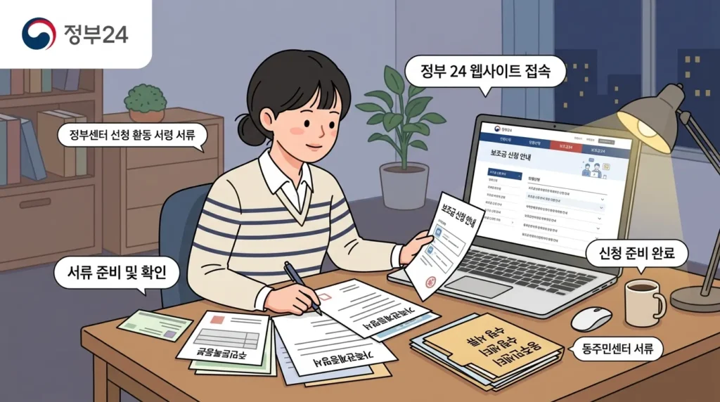 한국인 한 명이 정부24 웹사이트가 열린 노트북 앞에서 주민센터에서 받은 서류들을 정리하며 지원금 신청 준비를 하는 모습. 간편하고 명확하게 절차를 보여주는 그림.