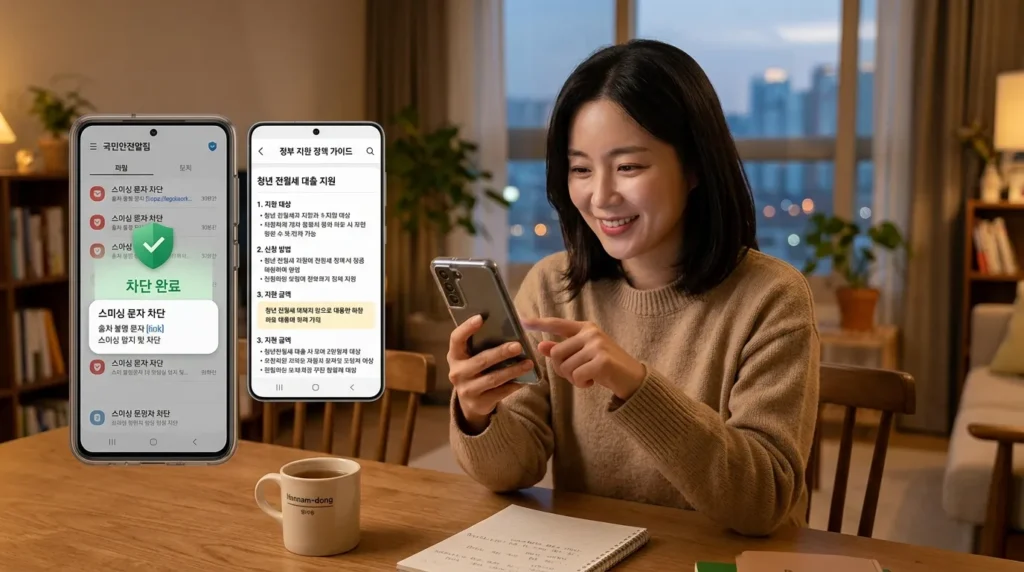 한국인 한 사람이 스마트폰으로 스미싱 문자를 걸러내고, 동시에 정부의 다른 유용한 지원 정책 안내문을 읽는 모습. 안전하게 정보를 확인하고 추가 혜택을 탐색하는 느낌을 강조.