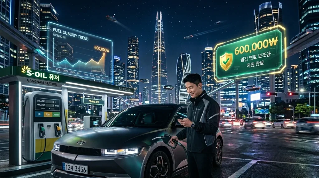 대한민국 서울의 고층 빌딩 숲과 주유소에서 주유하는 한국인 남성의 모습, 뒤로 디지털 그래프와 60만원권 지원금 아이콘이 떠 있는 미래지향적 이미지