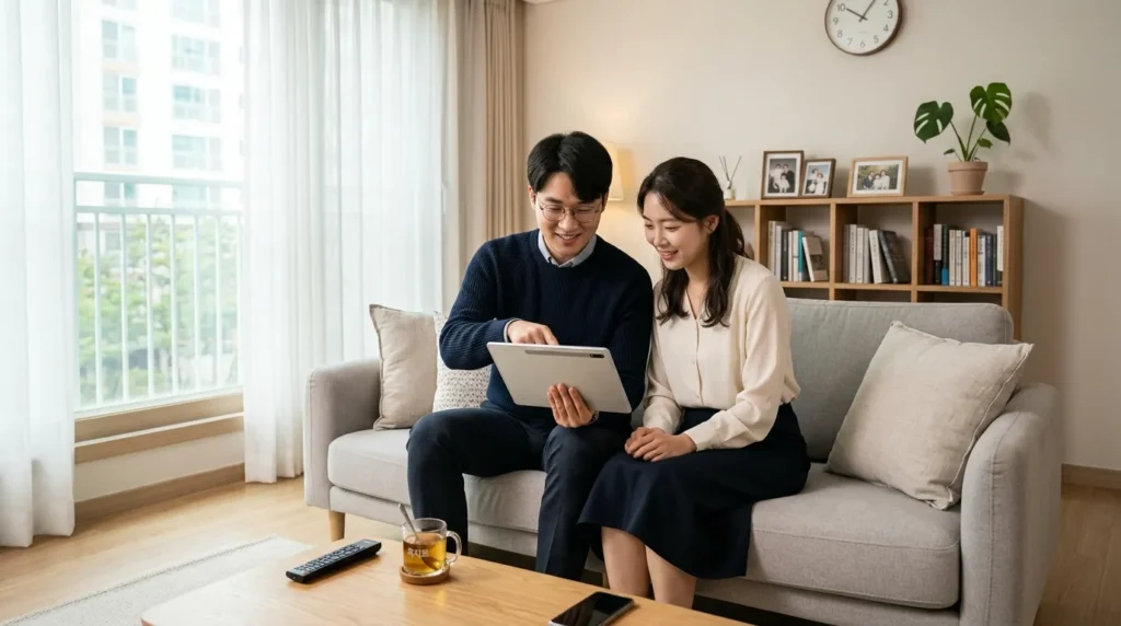 깨끗한 집 거실에서 태블릿 PC를 이용해 정부 지원금 대상 조회를 하는 단정한 차림의 한국인 부부