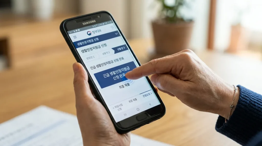 스마트폰 화면에 정부24 앱이 켜져 있고, 민생지원금 신청 완료 버튼을 누르려 하는 한국인의 손목과 손의 근접 촬영