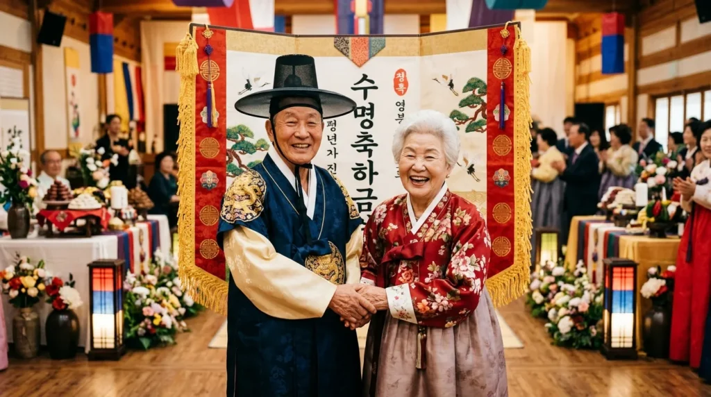 한국인 노부부가 밝게 웃으며 손을 잡고 있고, 그들의 뒤로 '장수축하금'이라는 글자가 적힌 상징적인 현수막이 펼쳐져 있는 모습. 행복하고 따뜻한 분위기를 연출한다.