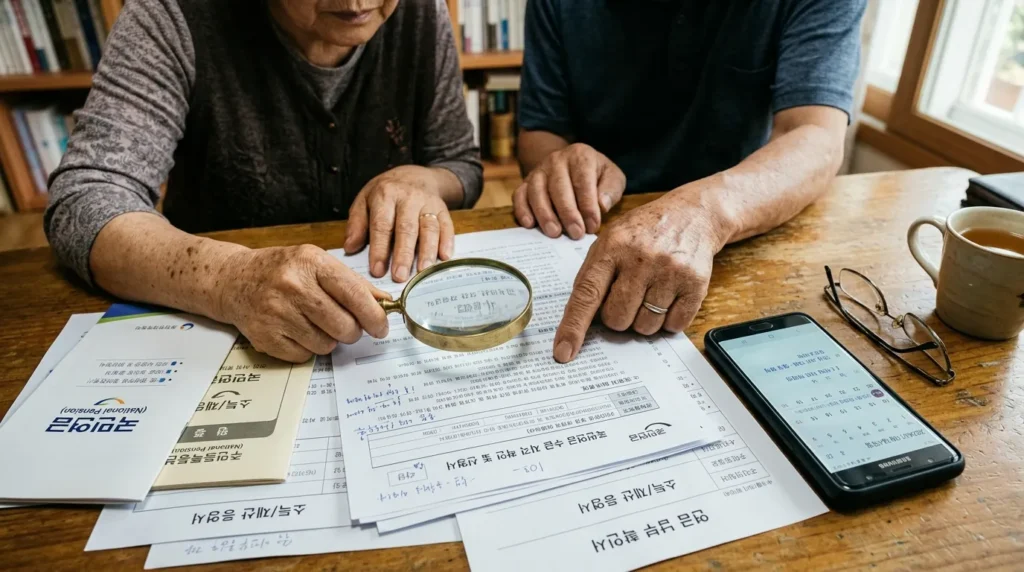 돋보기로 서류를 꼼꼼히 확인하고 있는 한국인 노부부의 손과 그 옆에 놓인 연금 서류, 스마트폰 달력 등이 어우러진 모습. 복잡해 보이는 자격 조건을 검토하는 분위기를 연출한다.