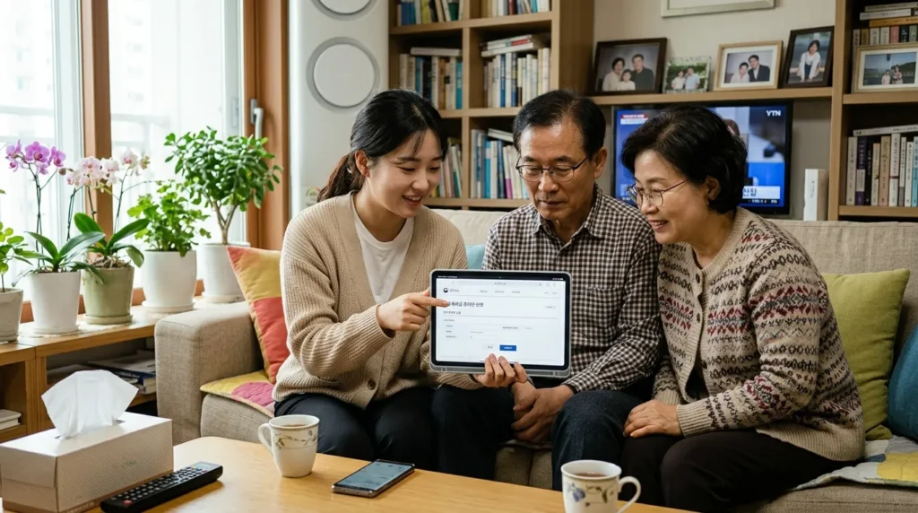 한국인 딸이 부모님 옆에서 태블릿으로 정부24 웹사이트를 보여주며 장수축하금 온라인 신청 방법을 설명하는 모습. 편안한 거실 분위기에서 디지털 기기를 활용한 신청 과정을 묘사한다.