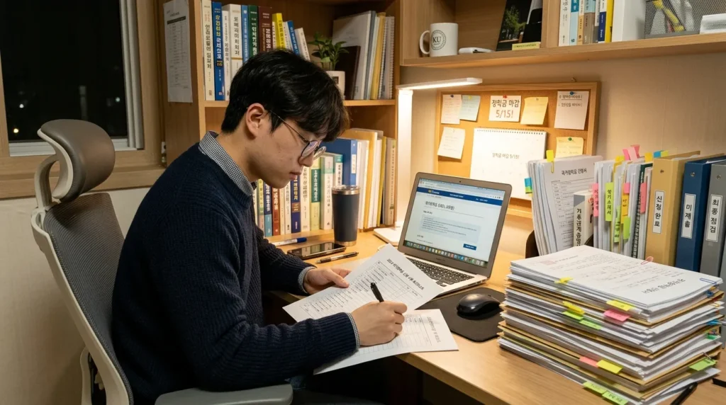 한국인 학생이 컴퓨터 앞에서 국가장학금 신청 서류를 꼼꼼히 확인하고 준비하는 모습. 옆에는 체크리스트와 서류들이 쌓여있다.