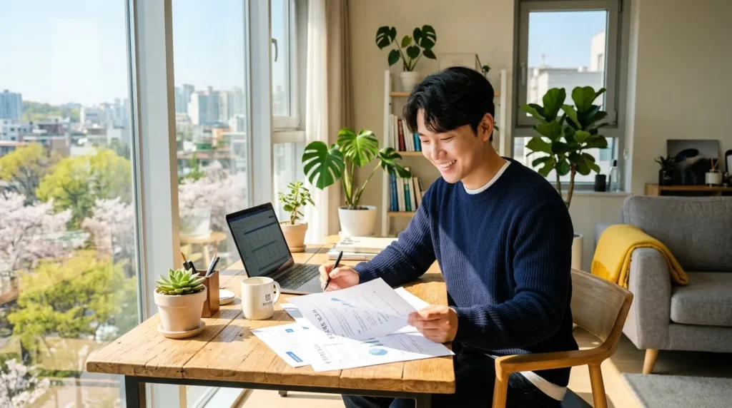 현대적인 원룸 아파트 내부에서 밝은 표정으로 서류를 검토하고 있는 한국인 청년의 모습, 창밖으로 따뜻한 봄 햇살이 들어오는 배경