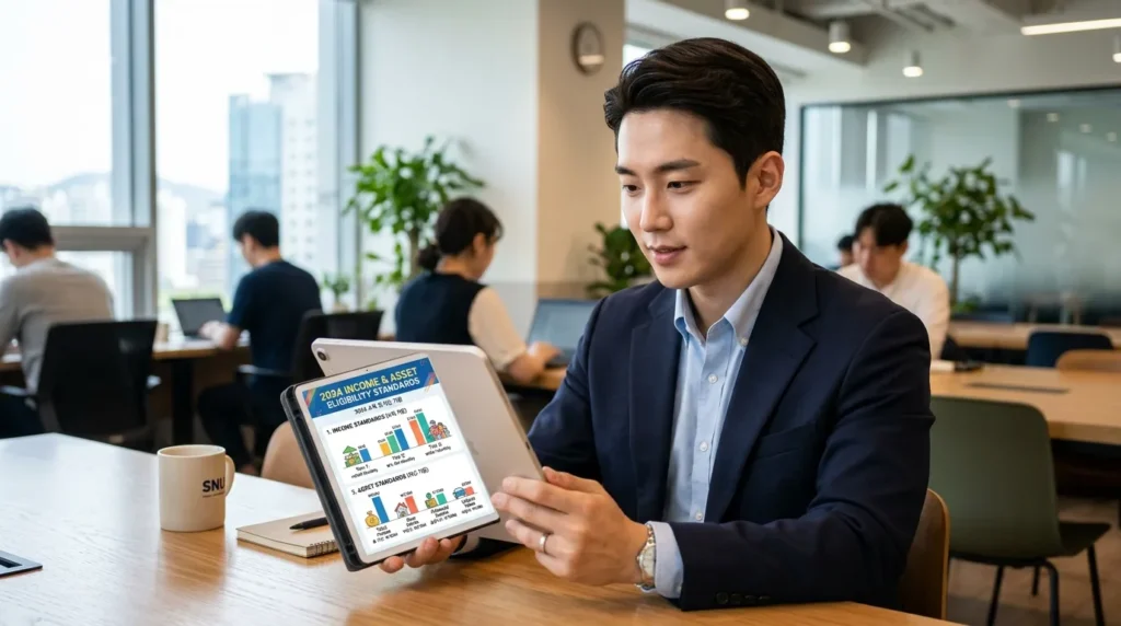 소득과 재산 기준을 도식화한 인포그래픽이 떠 있는 태블릿 PC를 사용하는 전문적인 분위기의 한국인 청년