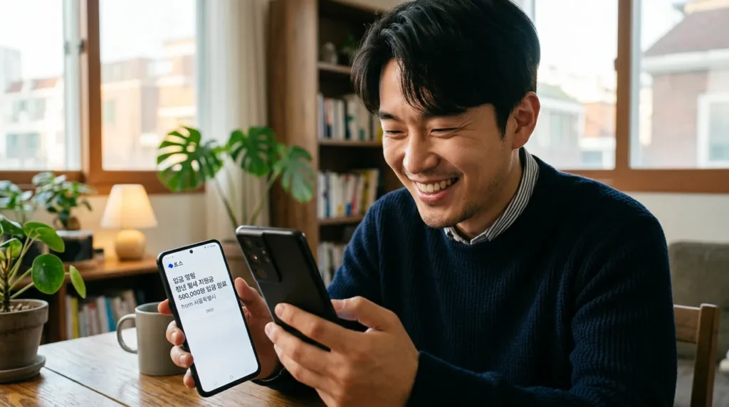은행 앱에서 월세 지원금 입금 알림이 온 스마트폰 화면을 보고 기뻐하는 한국인 청년의 클로즈업 샷
