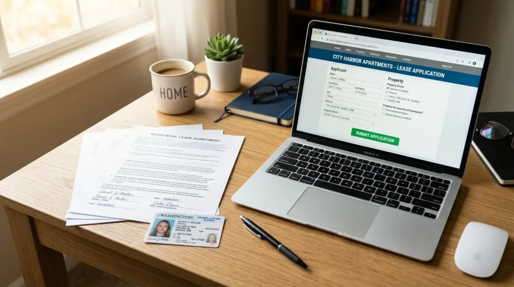 책상 위에 놓인 깨끗한 임대차계약서 서류와 신분증, 그리고 온라인 신청을 위해 켜진 노트북 화면이 조화로운 구도로 배치된 모습