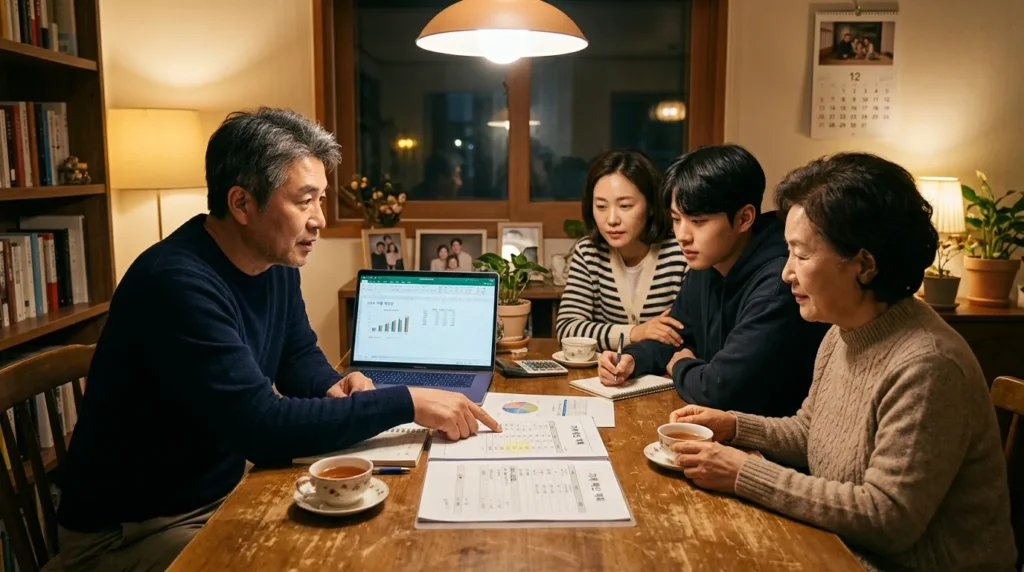 한 한국인 가족이 식탁에 둘러앉아 예산 계획표와 서류를 보며 진지하게 대화하고 있는 모습. 따뜻한 조명 아래서 서로를 격려하는 분위기.