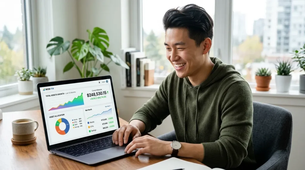 밝은 미소를 띤 한국인 청년이 노트북 화면을 보며 금융 앱으로 자산 현황을 확인하고 있는 모습. 화면에는 그래프와 숫자들이 표시되어 있고, 희망찬 분위기.