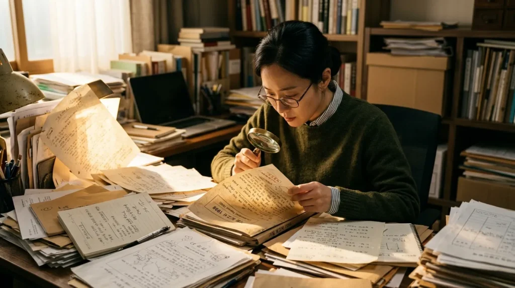 한 한국인 여성이 돋보기를 들고 복잡한 서류 더미를 꼼꼼히 살피며 숨겨진 중요한 정보를 찾아내려는 모습. 주변에 펼쳐진 서류들 사이로 희망적인 빛이 비친다.