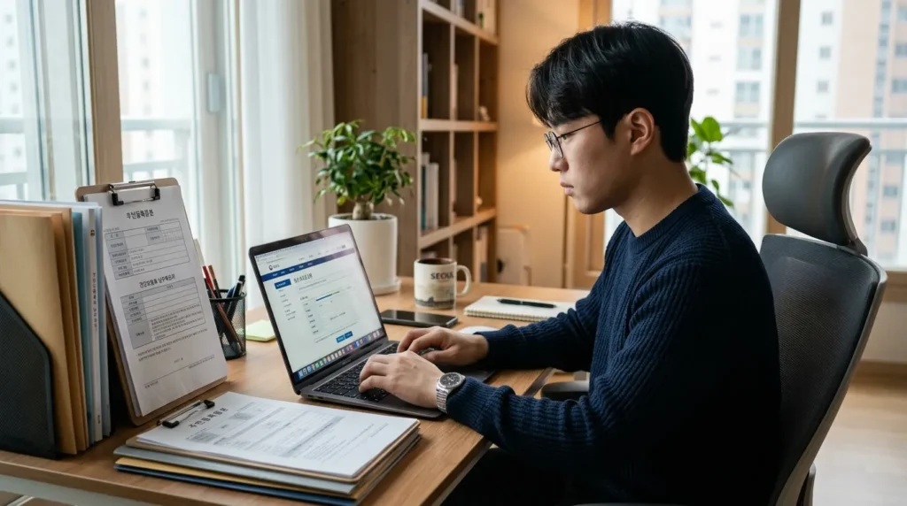 한 한국인 청년이 노트북 앞에서 정부24 웹사이트를 열고 지원금 신청 양식을 차근차근 작성하고 있는 모습. 옆에는 필요한 서류들이 깔끔하게 정리되어 있다.