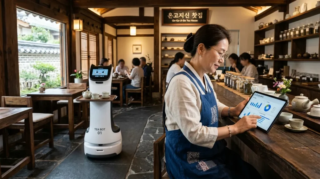 현대적인 인테리어의 한국 전통 찻집에서 한복 스타일의 앞치마를 입은 한국인 사장이 태블릿 PC를 활용해 AI 고객 분석 데이터를 확인하고 있는 모습, 매장 내부에는 AI 서빙 로봇이 정교하게 움직이고 있음