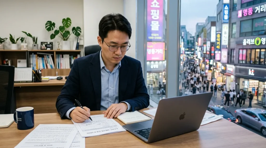 깔끔하고 사무적인 환경에서 노트북과 서류를 앞에 두고 심사 숙고하며 지원 요건을 검토하는 30대 한국인 남성 소상공인의 상반신 모습, 창밖으로는 활기찬 한국의 도심 상가가 보임