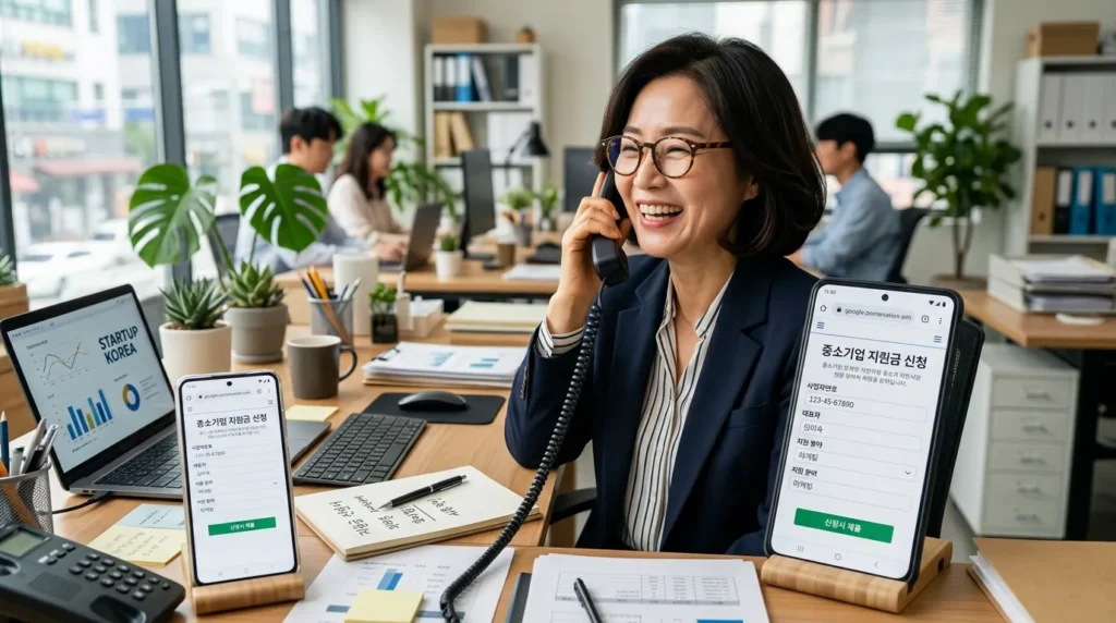 스마트폰 화면에 소상공인 지원금 신청 페이지가 열려 있고, 그 뒤로 세련된 안경을 쓴 한국인 여성이 미소를 지으며 전화를 받고 있는 활기찬 업무 모습