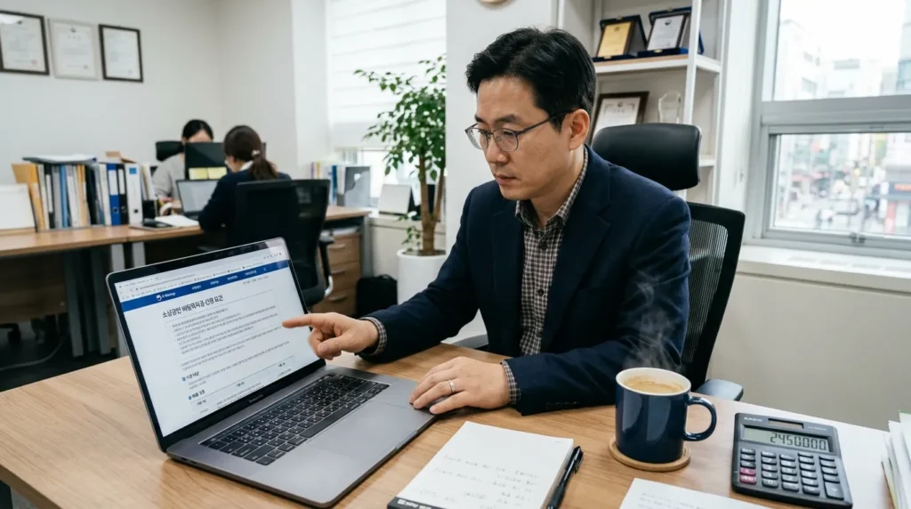 깨끗하고 전문적인 사무실 환경에서 한국인 소상공인이 노트북을 사용해 정부 홈페이지의 지원금 자격 요건을 꼼꼼히 확인하고 있는 모습. 책상 위에는 따뜻한 커피 한 잔과 계산기가 놓여 있어 진지한 분위기를 연출함.