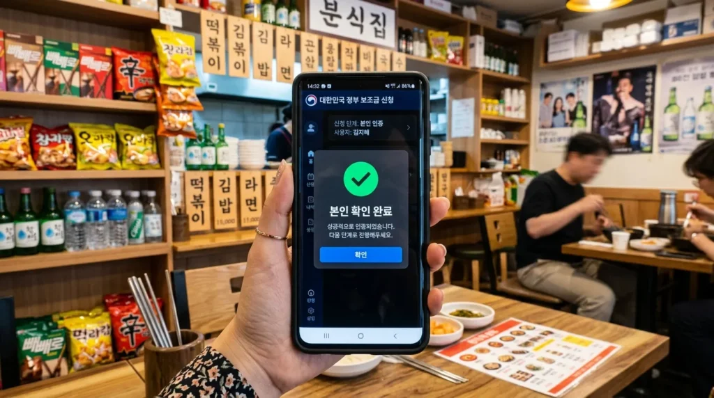 스마트폰 화면에 정부 지원금 신청 앱의 인터페이스가 떠 있고, 그 위로 본인 인증을 완료했다는 '체크 표시' 팝업이 뜬 클로즈업 샷. 한국적인 분위기의 상점 배경.