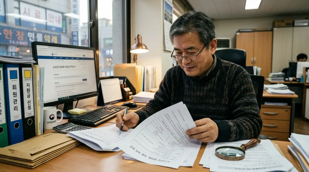 한국인 소상공인 대표가 컴퓨터 앞에서 서류들을 펼쳐놓고 임대료 지원금 신청 요건을 꼼꼼하게 확인하는 모습. 옆에는 돋보기가 놓여 있고, 얼굴에는 신중함과 약간의 희망이 서려 있다.