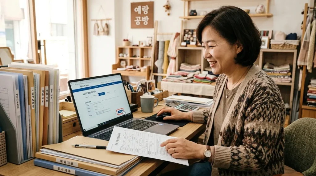 한국인 소상공인들이 정부 지원 포털 웹사이트 화면을 보면서 단계별로 신청서를 작성하고 필요한 서류들을 준비하는 모습. 마우스 클릭, 서류 정리, 그리고 컴퓨터 화면이 명확하게 보인다. 전반적으로 쉽고 간편한 신청 과정을 강조하는 이미지.